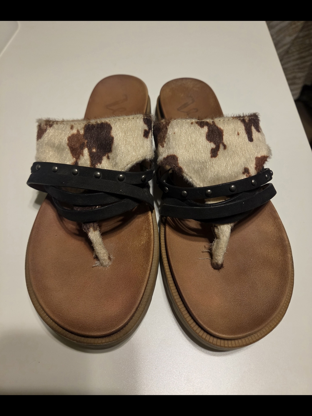 Women’s Brown Cowhide Slide Sandals with Black Straps